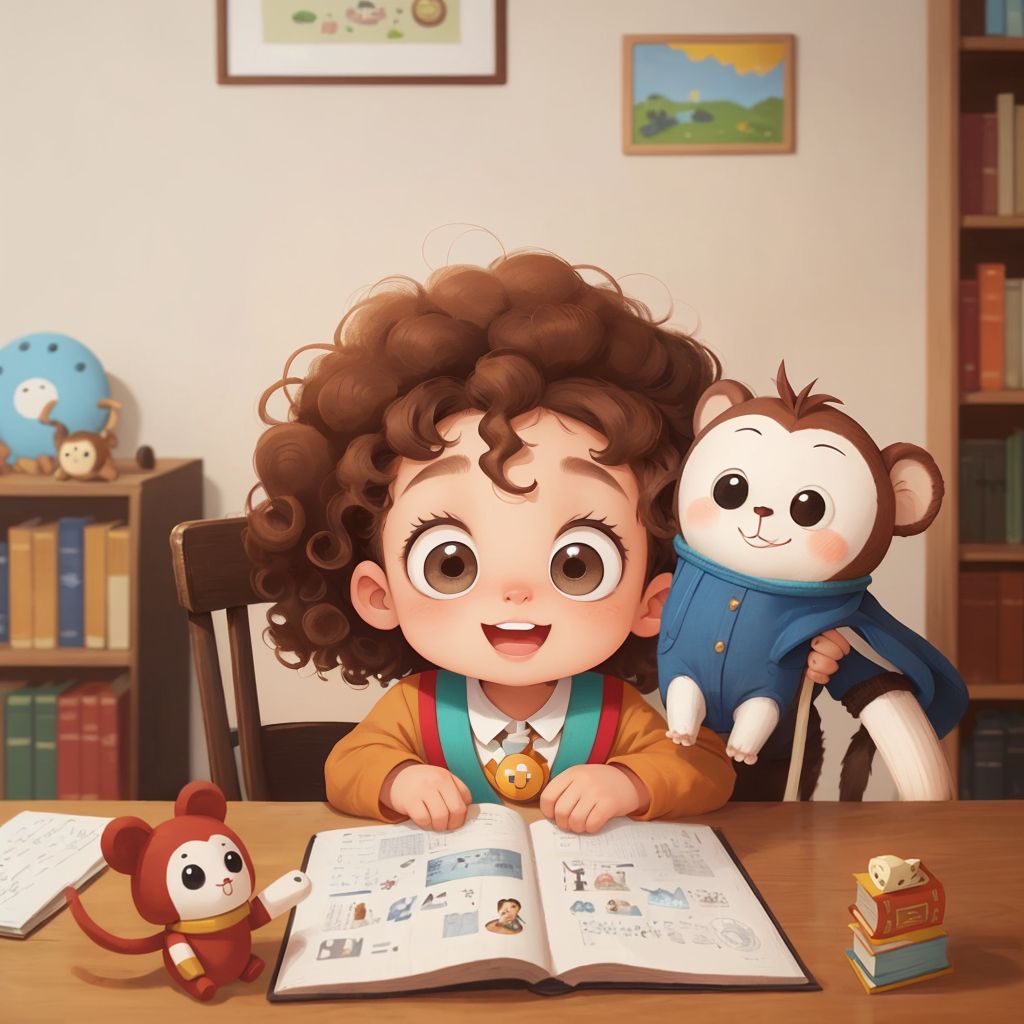 A Boy with curly hair and a well-loved stuffed Monkey with button eyes laughing together in a room full of toys and books.