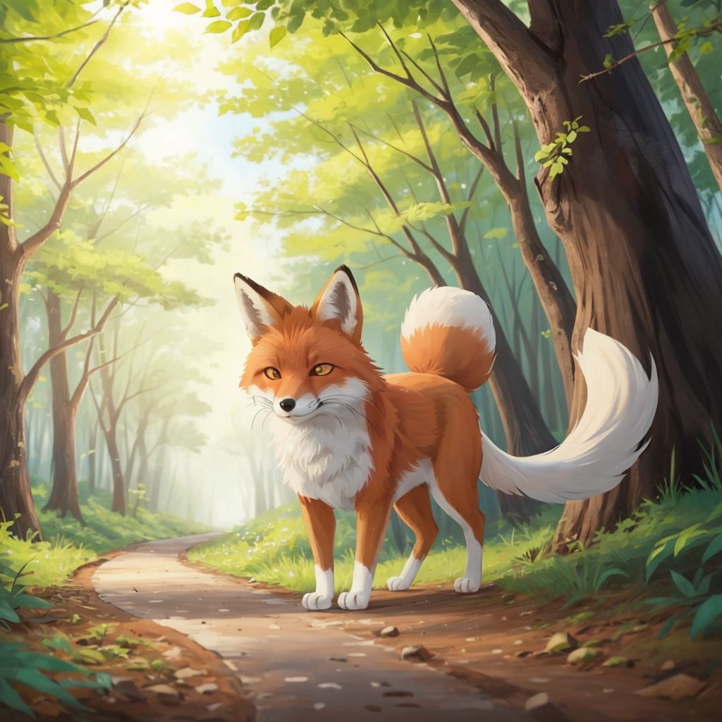 A red fox with white-tipped tail and friendly expression leading Bear through a winding forest path.