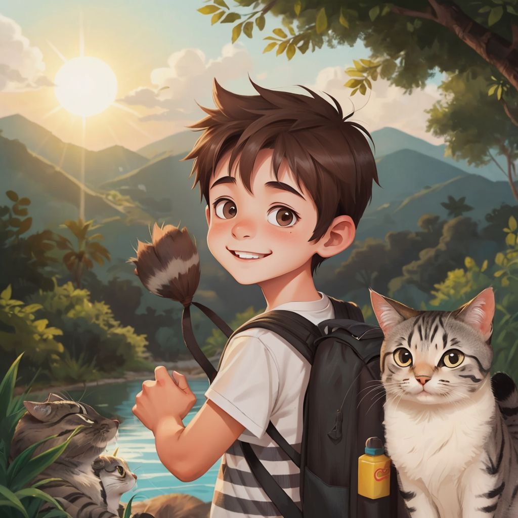 Brandon packing a backpack with water and snacks, with Cheli purring happily beside him. The sun is shining brightly as they set off.