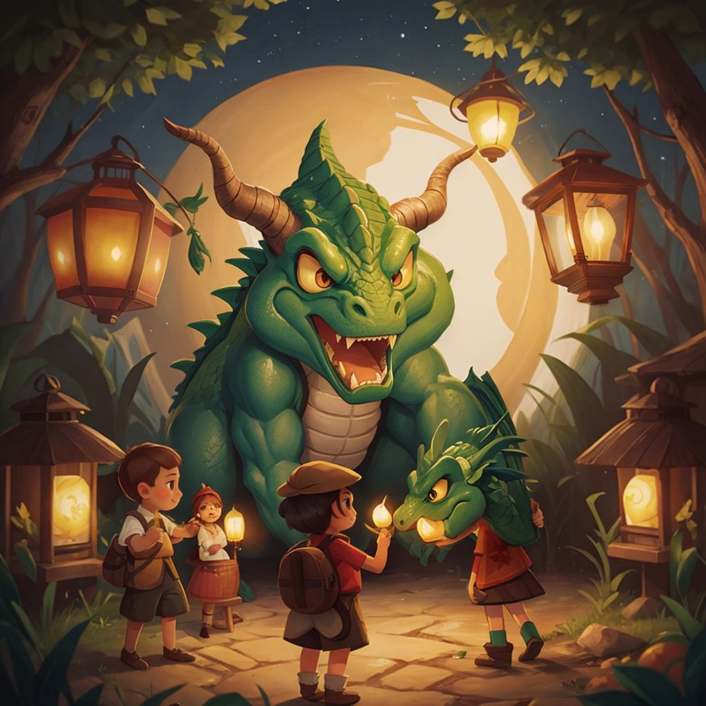 Fizz lighting lanterns with his fiery breath at a moonlit party, villagers dancing joyfully