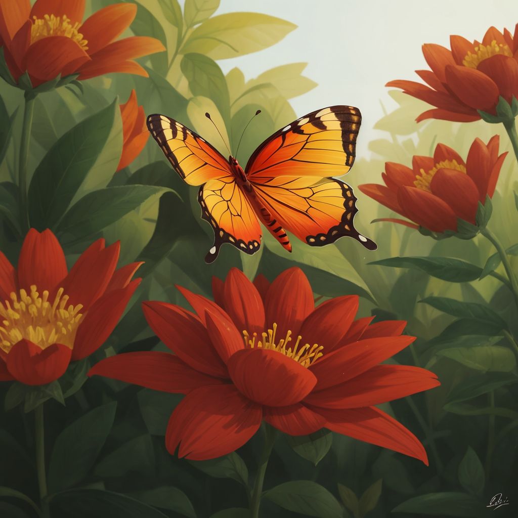 Lulu, a beautiful red butterfly with orange, red, and black wings, flying over a field of colorful flowers.