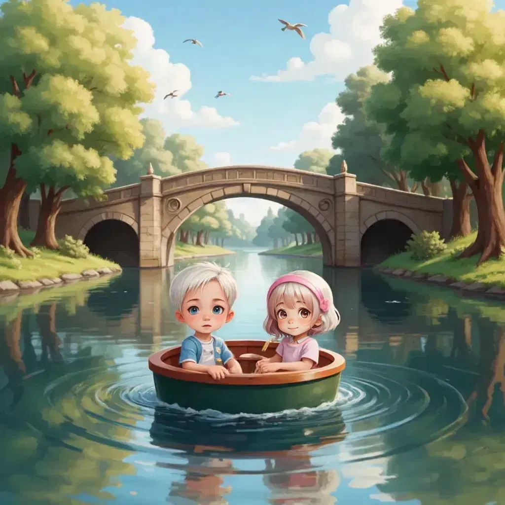 A stone bridge in the distance, with Isaac and Zoe in a paddle boat approaching it