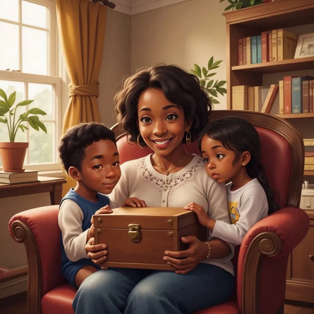 A smiling Mama Zee sitting in a cozy armchair, holding an ornate wooden box, with curious Malachi and Amara peering at it. A warm, sunlit living room in the background.