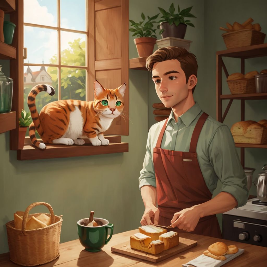 Tom, a ginger cat with emerald eyes, perched on a windowsill watching Harold bake in a busy bakery