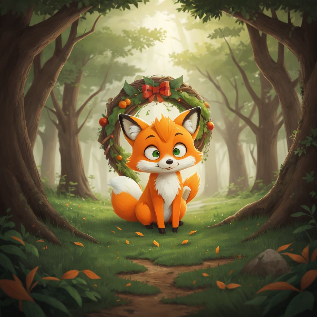 Little Fox helping friends decorate a festive wreath in a lively forest setting