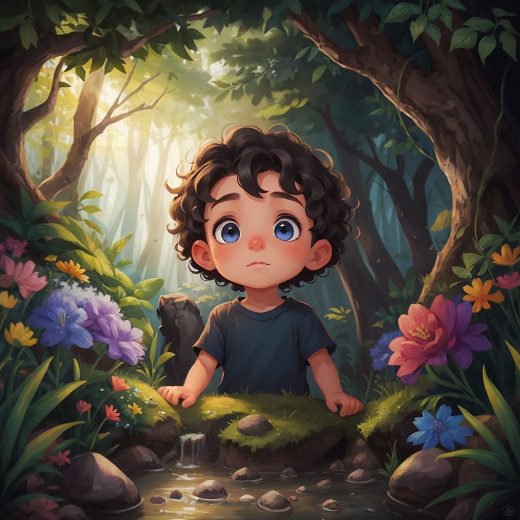 Zéphyr standing by an enchanted river surrounded by colorful flowers and shiny stones