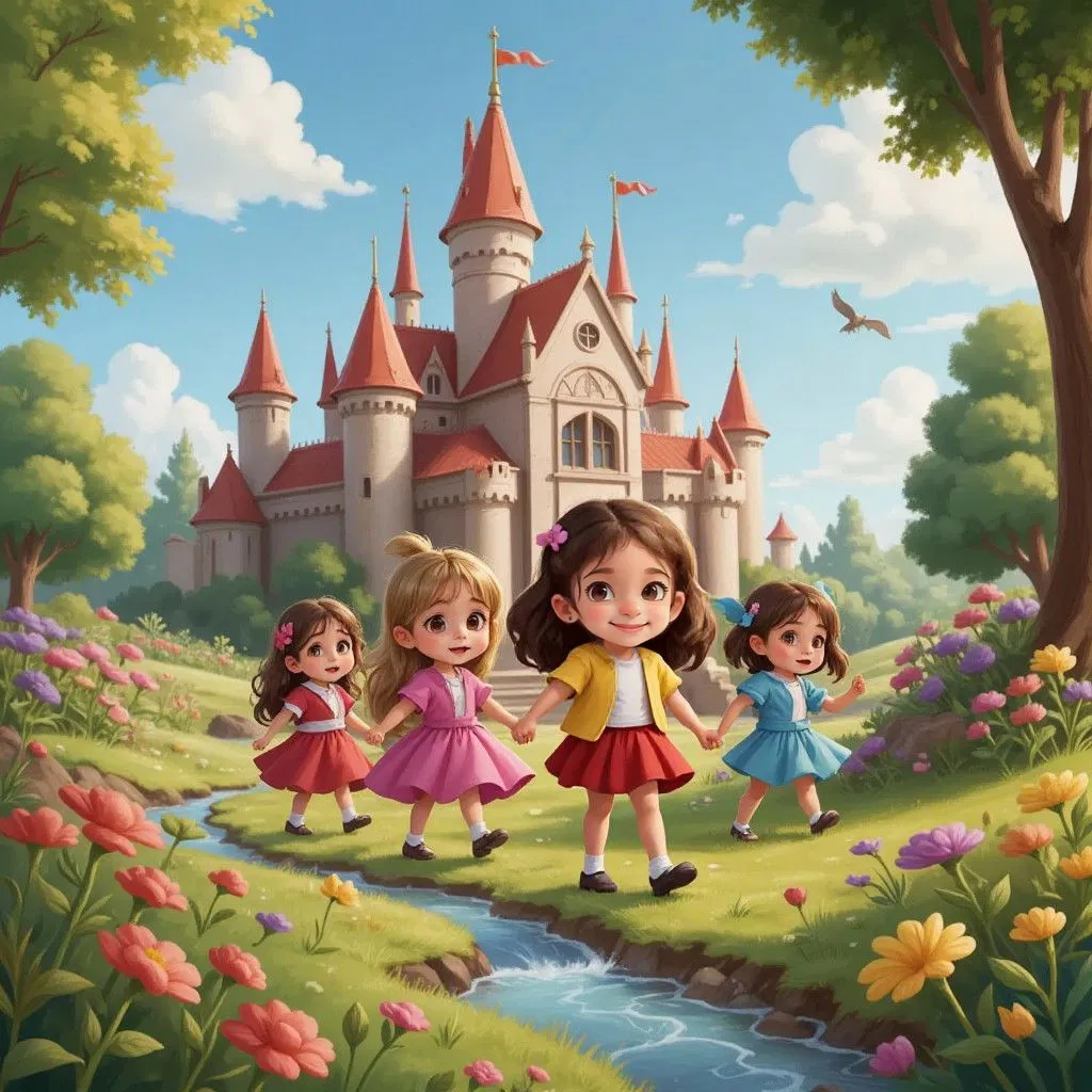 Ella and her magical friends leaving the castle, exploring a new enchanting landscape