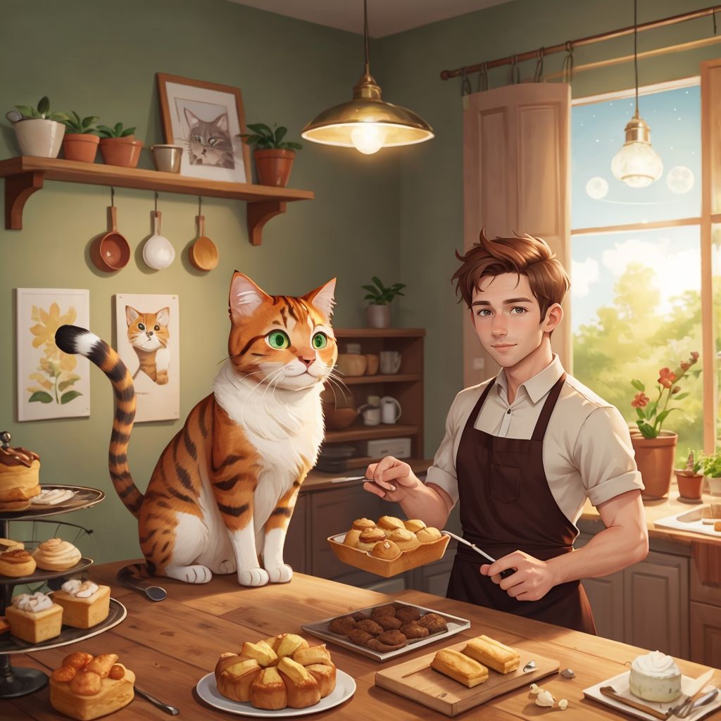 Tom, a ginger cat with emerald eyes, and Harold sharing pastries under moonlight in the bakery