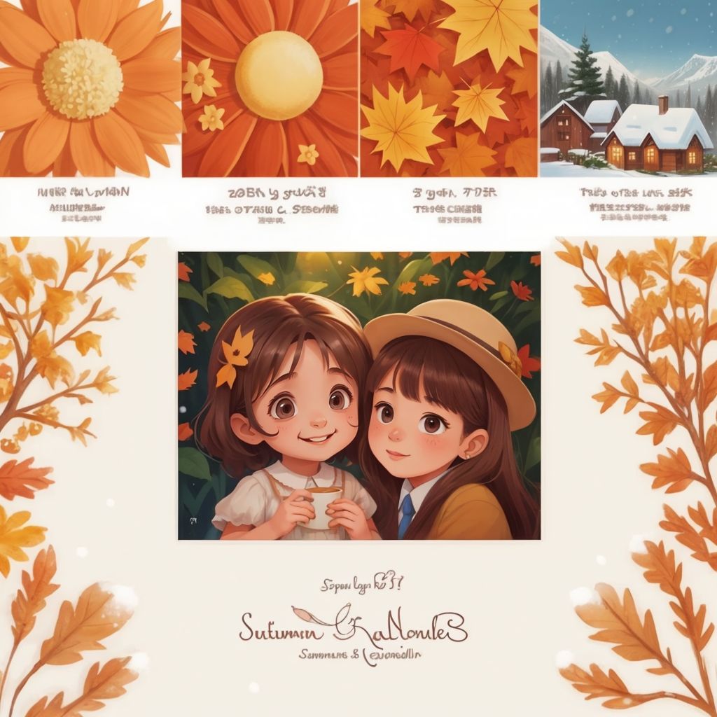 Zina and her mother sitting together, with a backdrop showing the four seasons: spring flowers, summer sun, autumn leaves, and winter snow