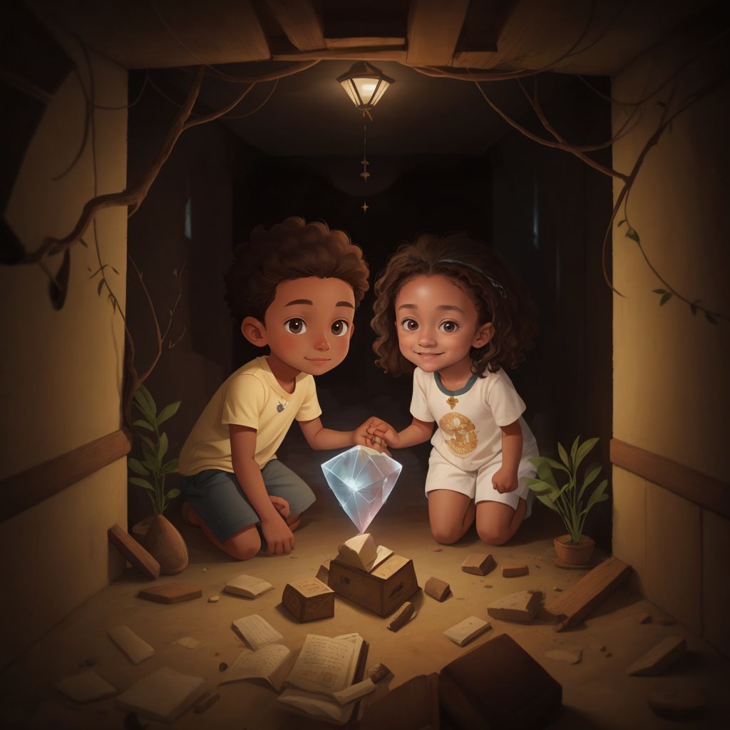 Jack biracial boy and Annie biracial girl with curly hair touching a glowing crystal together in a hidden room