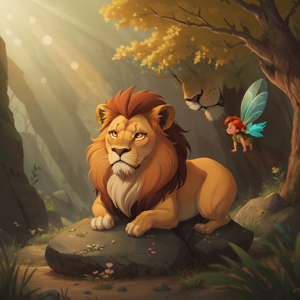 Lion (a majestic cartoon lion like Mufasa) sitting regally on a rock formation, with Bubbles hovering nearby, her wings sparkling. Mystical forest backdrop with rays of sunlight filtering through trees.