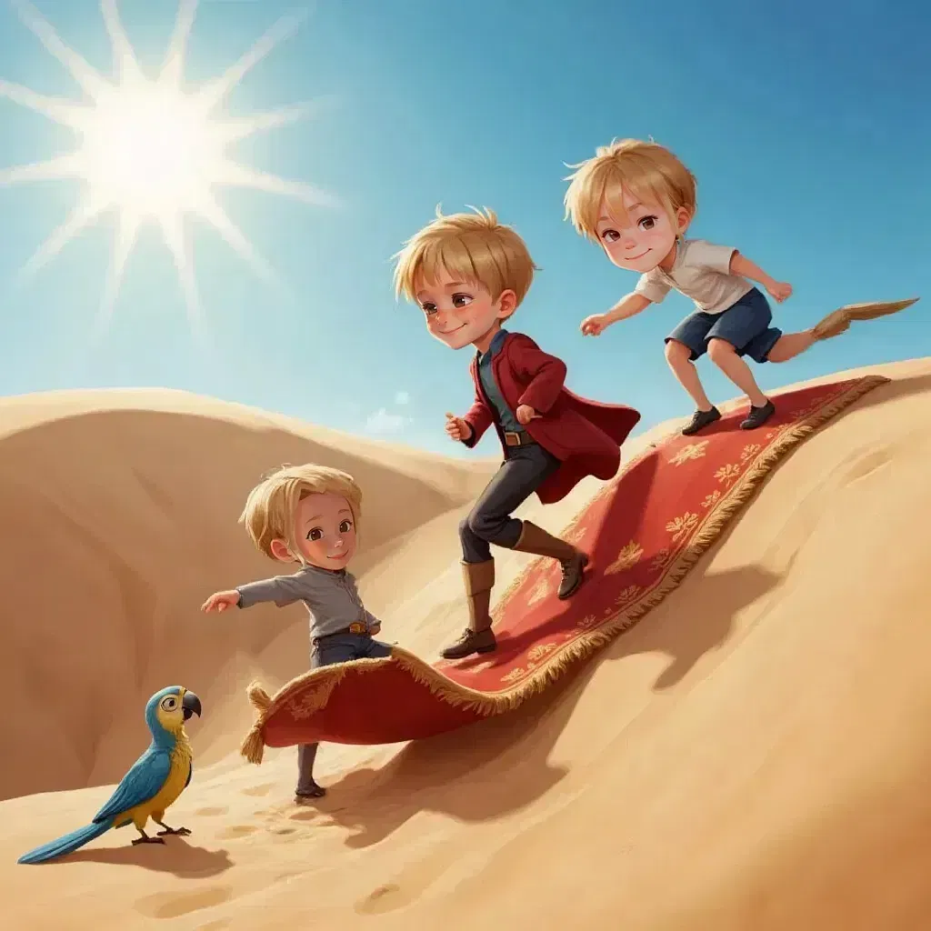 Miron, Adrian, and Vitali climbing onto a magical carpet named Flyboy, with Andrew the parrot perched nearby. The carpet half-buried in sand.