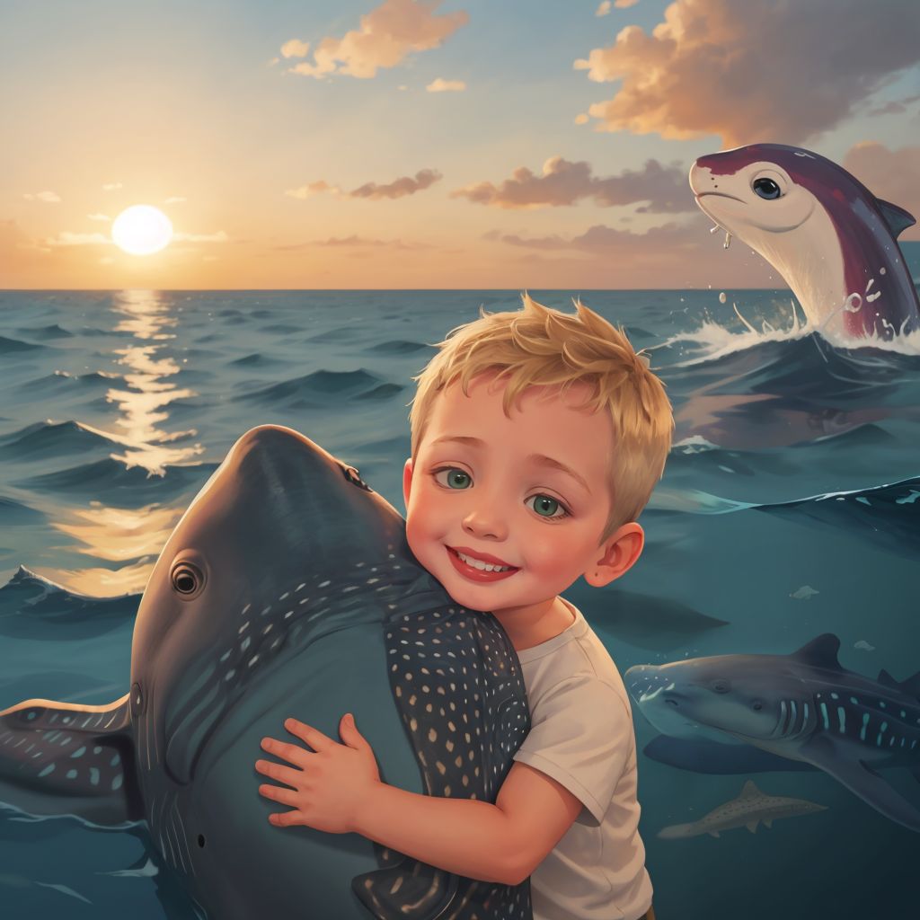 Cooper hugging the whale shark at sunset, with a splash in the background