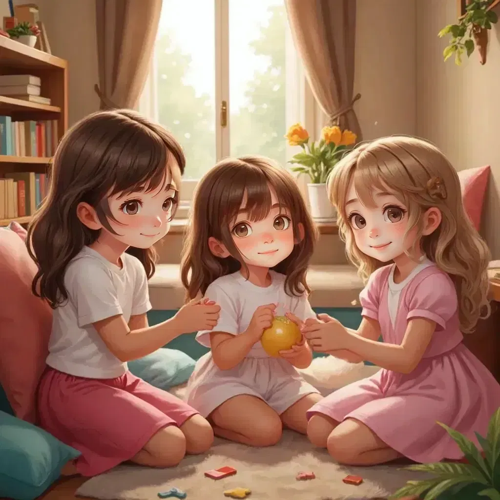 Reign, Lillie, and Jane playing games and laughing together, with a circle of friendship around them