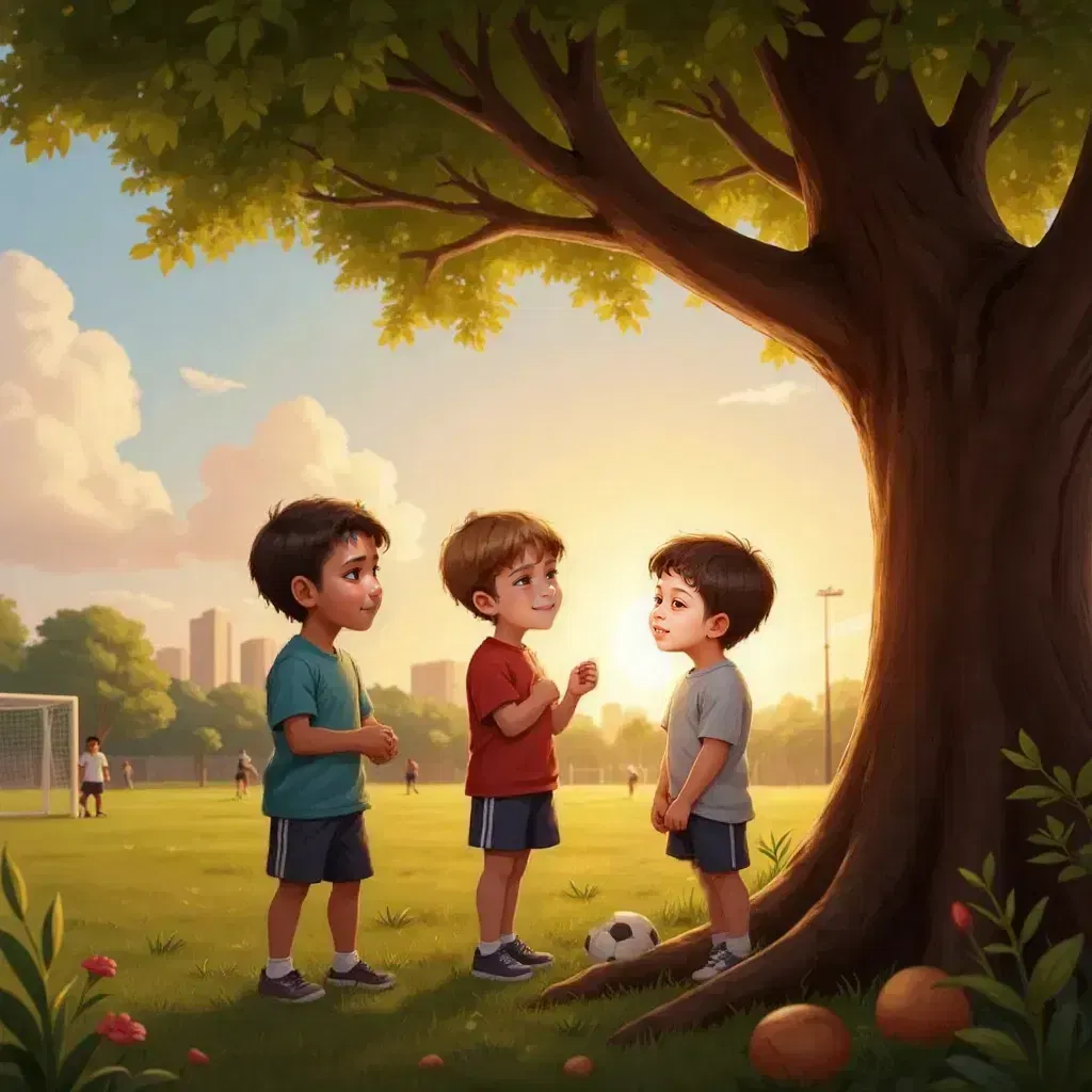 Daniel speaking to João and Simões, all in their uniforms, under a tree near the soccer field. A warm afternoon sun setting in the background