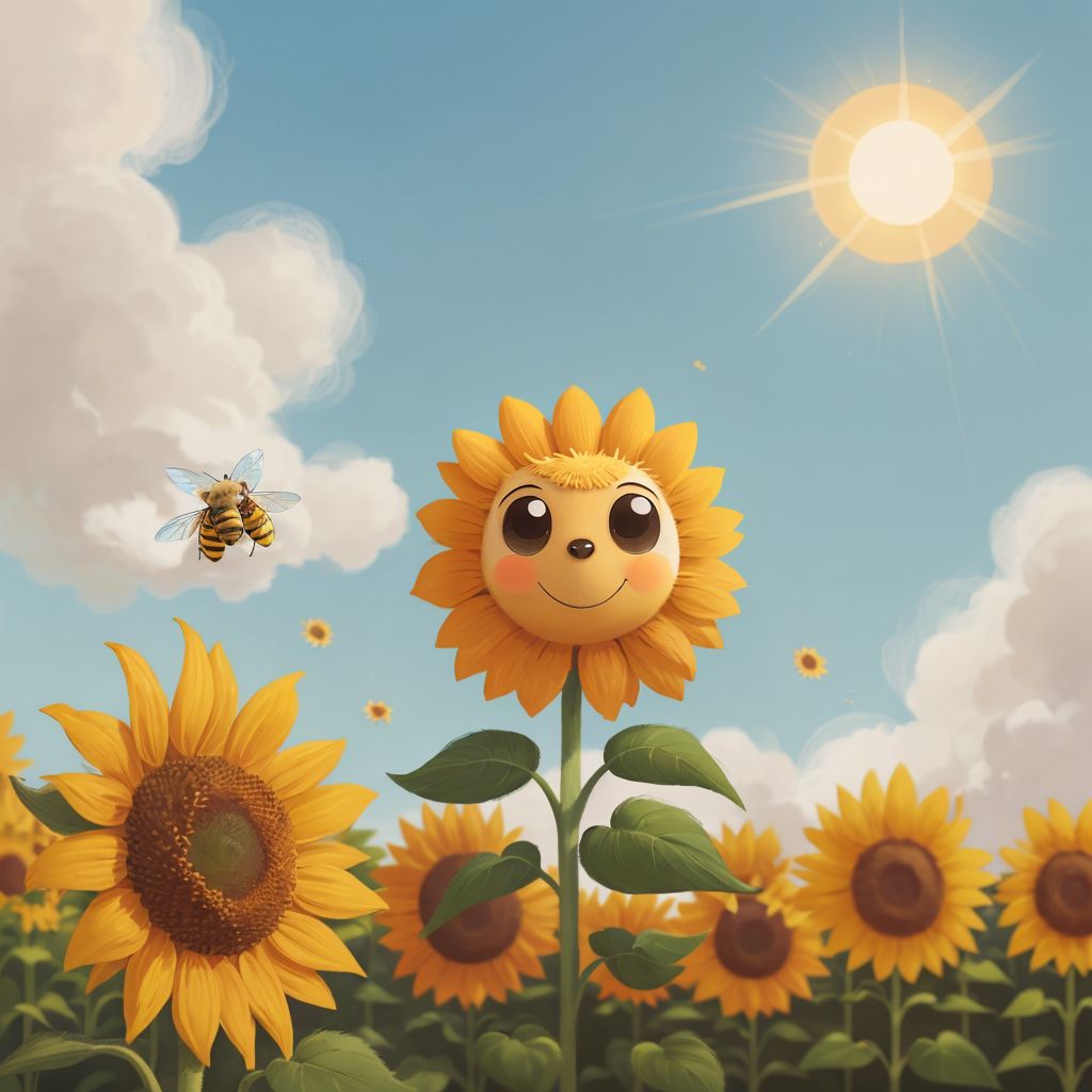 Pippa the cute little bee landing on a tall sunflower with bright yellow petals under the shining sun.