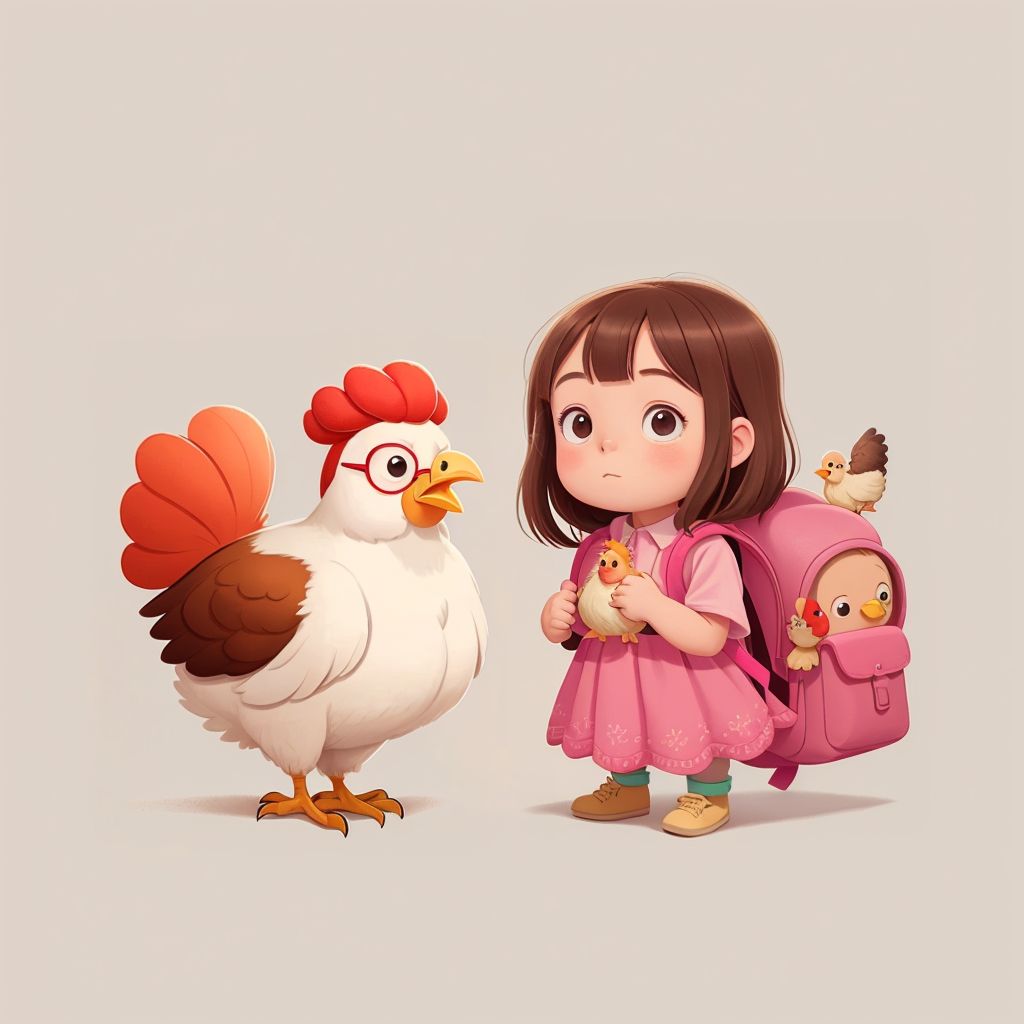 Red, a small fat chicken with glasses, stepping forward to talk to a delighted Rosie.