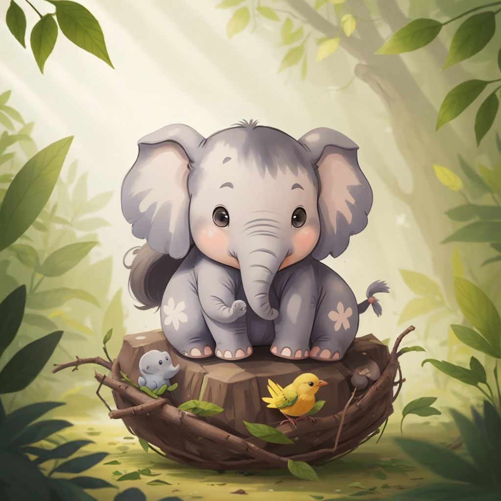 Ella the gray small elephant lifting a fallen nest with little birds inside, while providing shade with her large body in a warm jungle