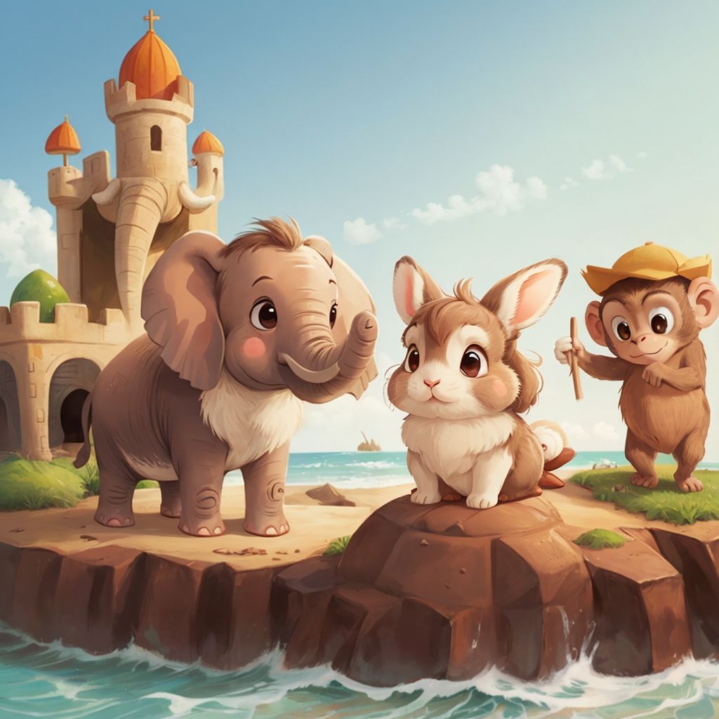 Ellie the elephant, Benny the bunny, and Mia the monkey at the beach, building a sandcastle. A sunny sky and ocean waves in the background.