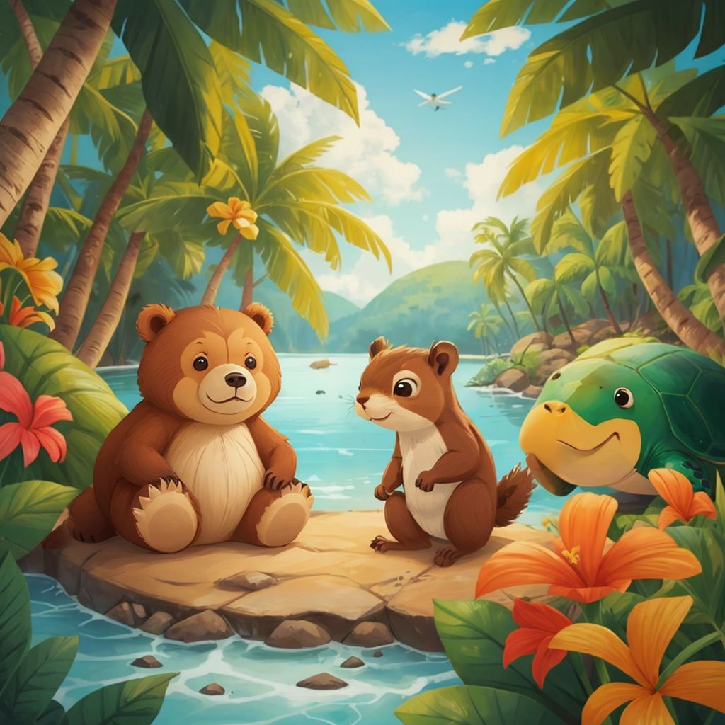 Kuschi, the brown squirrel, and the green turtle exploring the island together, surrounded by tropical flowers