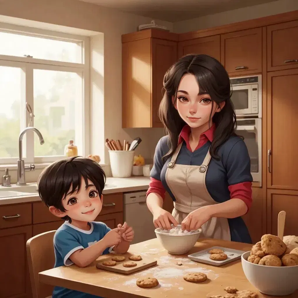 Zach sitting at a wooden kitchen table, watching his mother in a flour-dusted apron baking cookies. A warm, sunlit kitchen with cookie ingredients spread on the counter