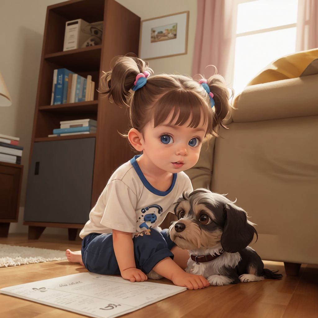 Nora giggling as Ivy, a small scruffy black and brown Chihuahua-Schnauzer mix dog with floppy ears and brown eyes, playfully chases her. A setting sun in the background.