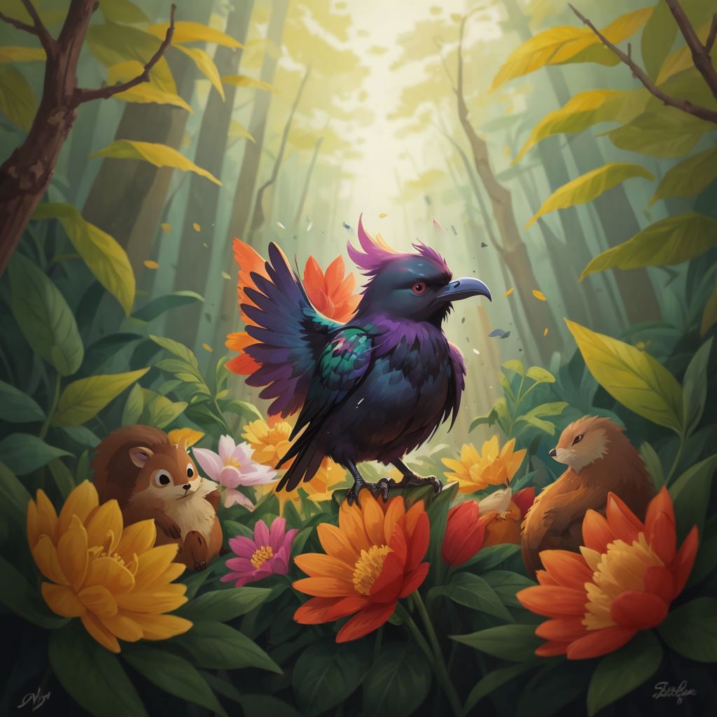 A forest clearing decorated with colorful flowers, THE MULTICOLORED RAVEN dancing in the center, surrounded by celebrating woodland animals.