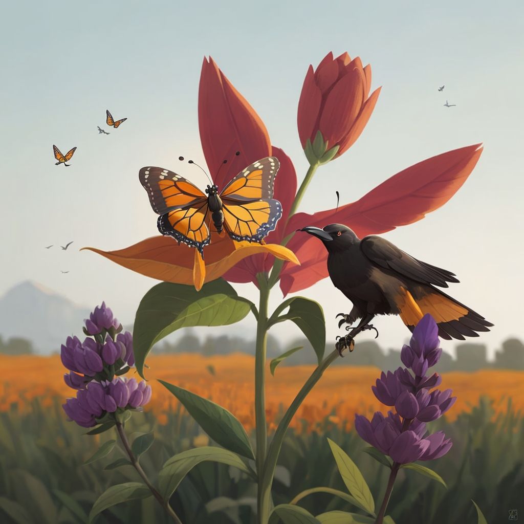 Luna the monarch butterfly with vibrant orange and black wings fluttering next to Rex, a sleek jet-black crow with sharp, beady eyes, in a meadow with milkweed and pinkish-purple blossoms.