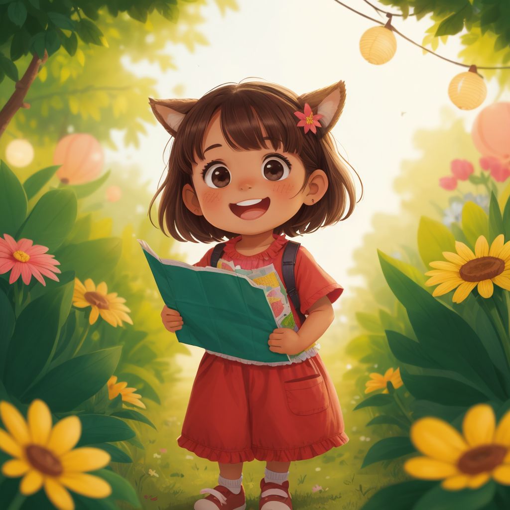 Sophia, dressed in a kitten watermelon costume, holding a map that a gentle breeze has just delivered, with twinkling lights and laughing flowers in the background.