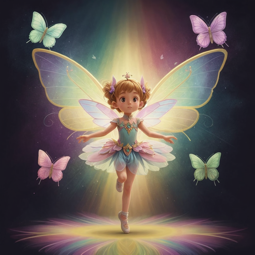 Felicity dancing gracefully with butterflies, the background a swirl of colors to represent the magical dance.