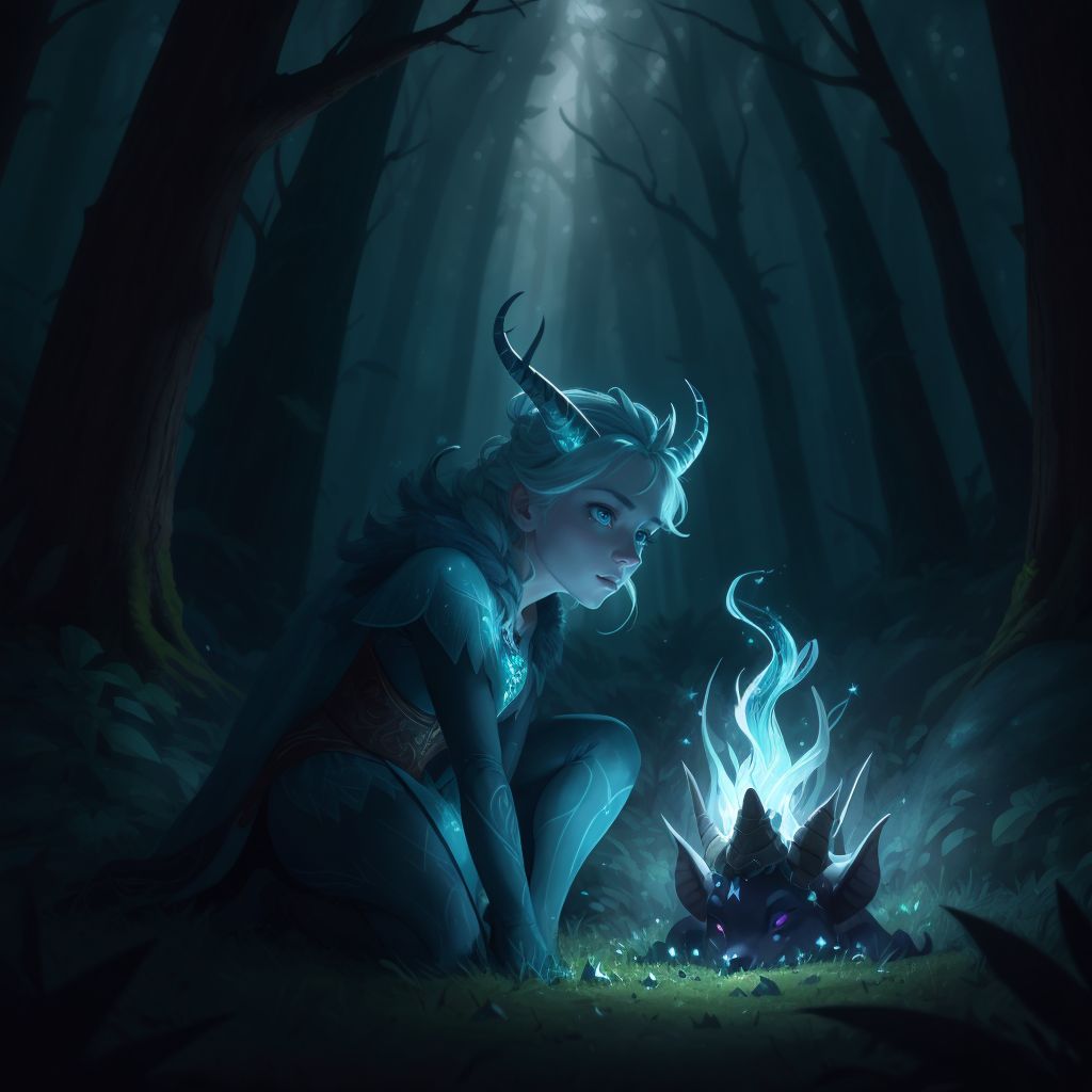 Elsa lighting up a dark forest with her shiny horn, determination in her eyes