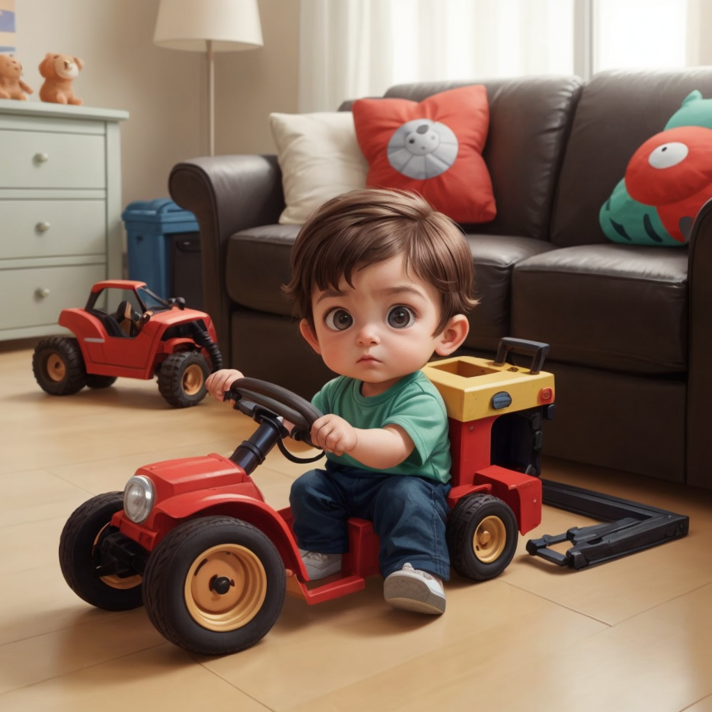 Jax with a determined expression, using a toy tow truck to retrieve a car from under the sofa