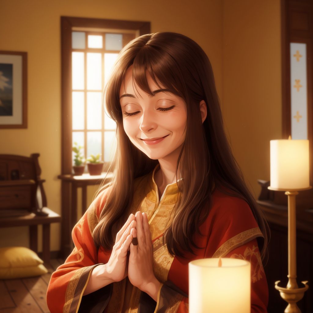 Jenny praying with a peaceful smile, as light fills the room.