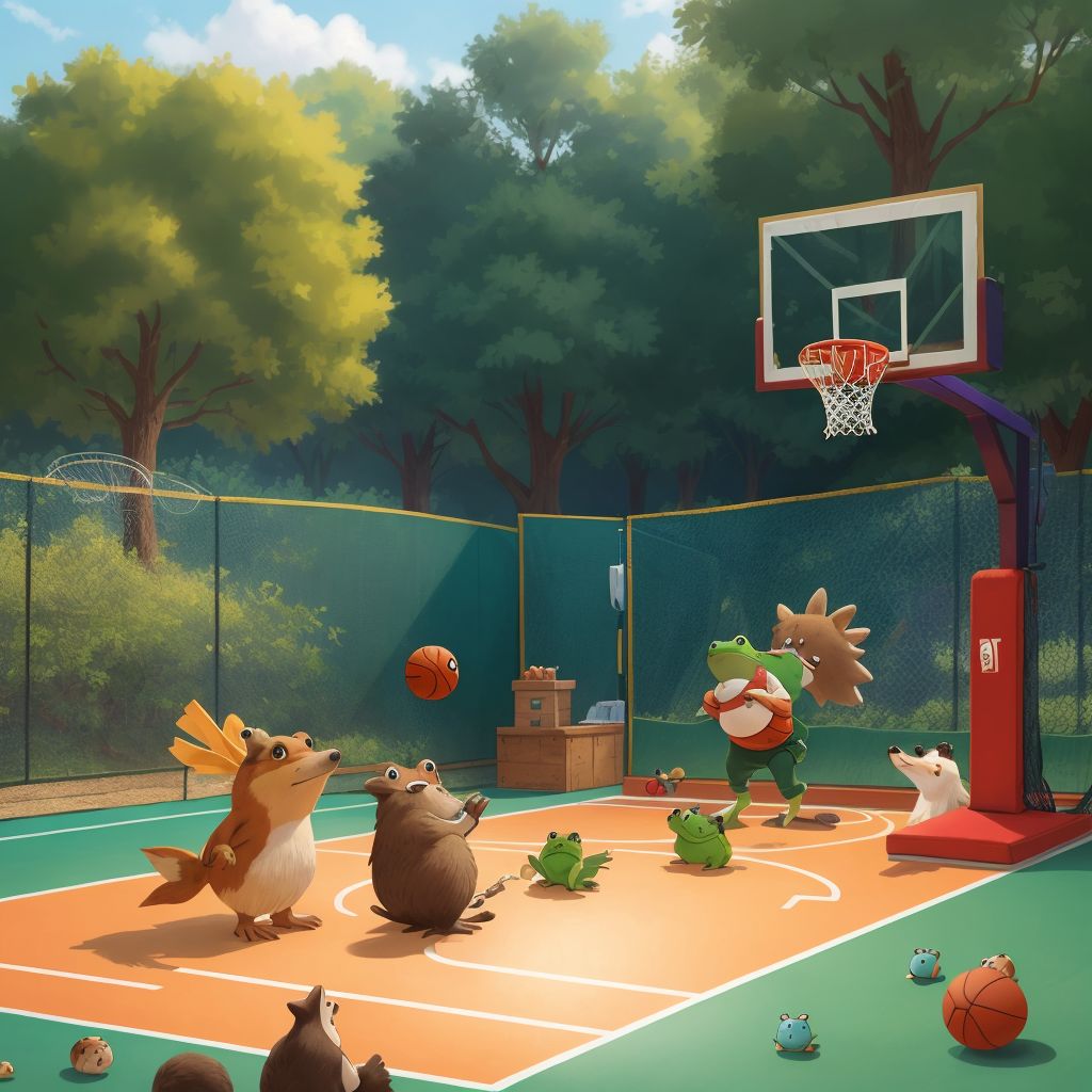 The basketball court filled with animals playing, with Chip, Frog, and Hedgehog watching proudly.