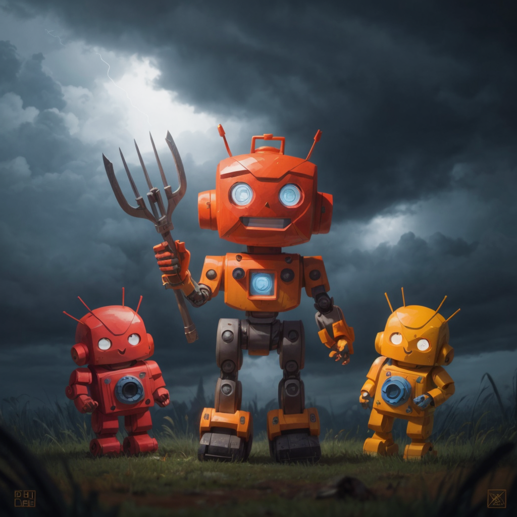 Robbie handing out tools to other robots under stormy skies, a determined and kind expression on his face.