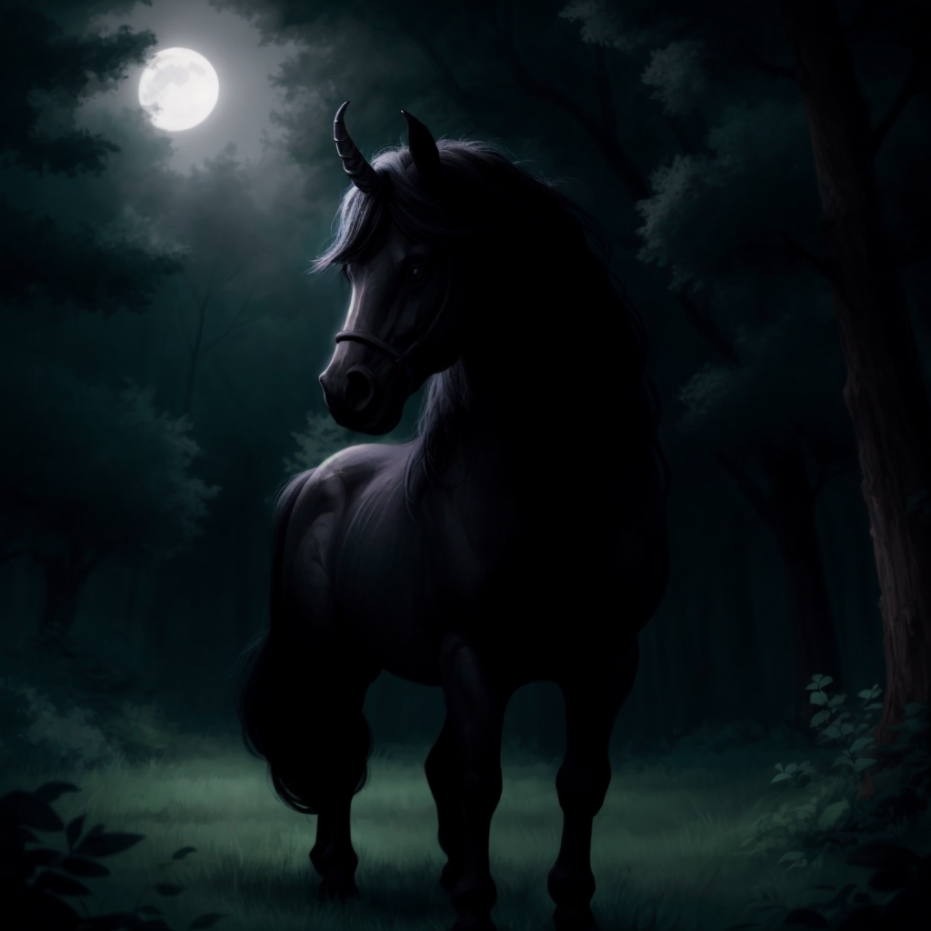 Oswald, the black unicorn with gleaming horn, standing majestically in a moonlit forest clearing.