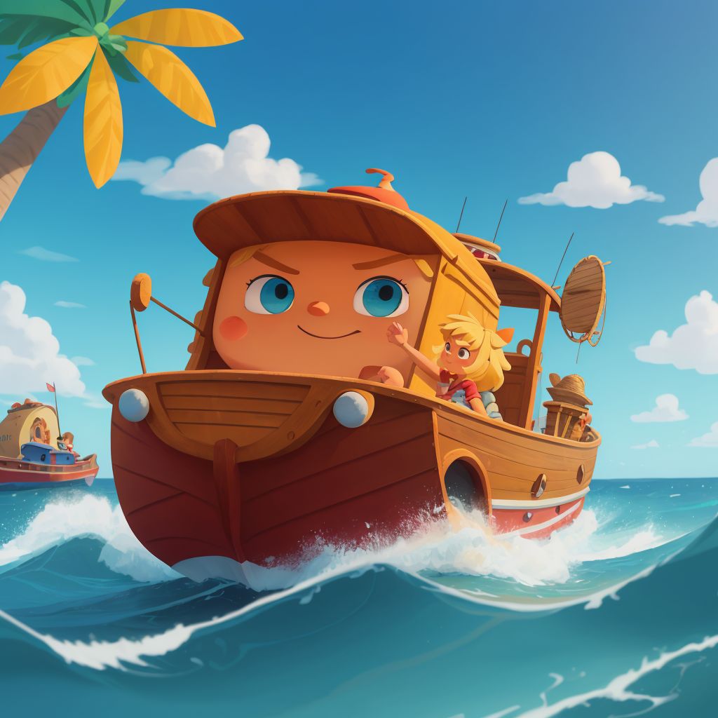 Blaze transformed into a boat, with Zhenya and Moana boarding, shown with a backdrop of the open sea.