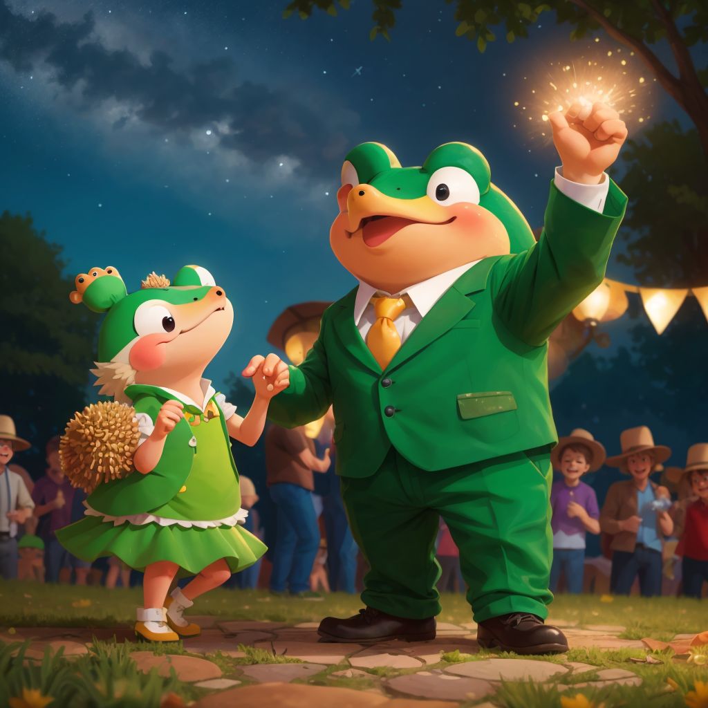 Chip, Frog, and Hedgehog dancing under the stars at the celebration.