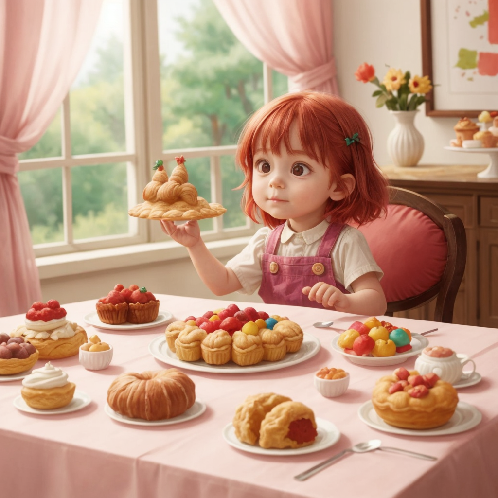 A grand feast table filled with colorful treats, with Arwyn's small hand reaching for a pastry.