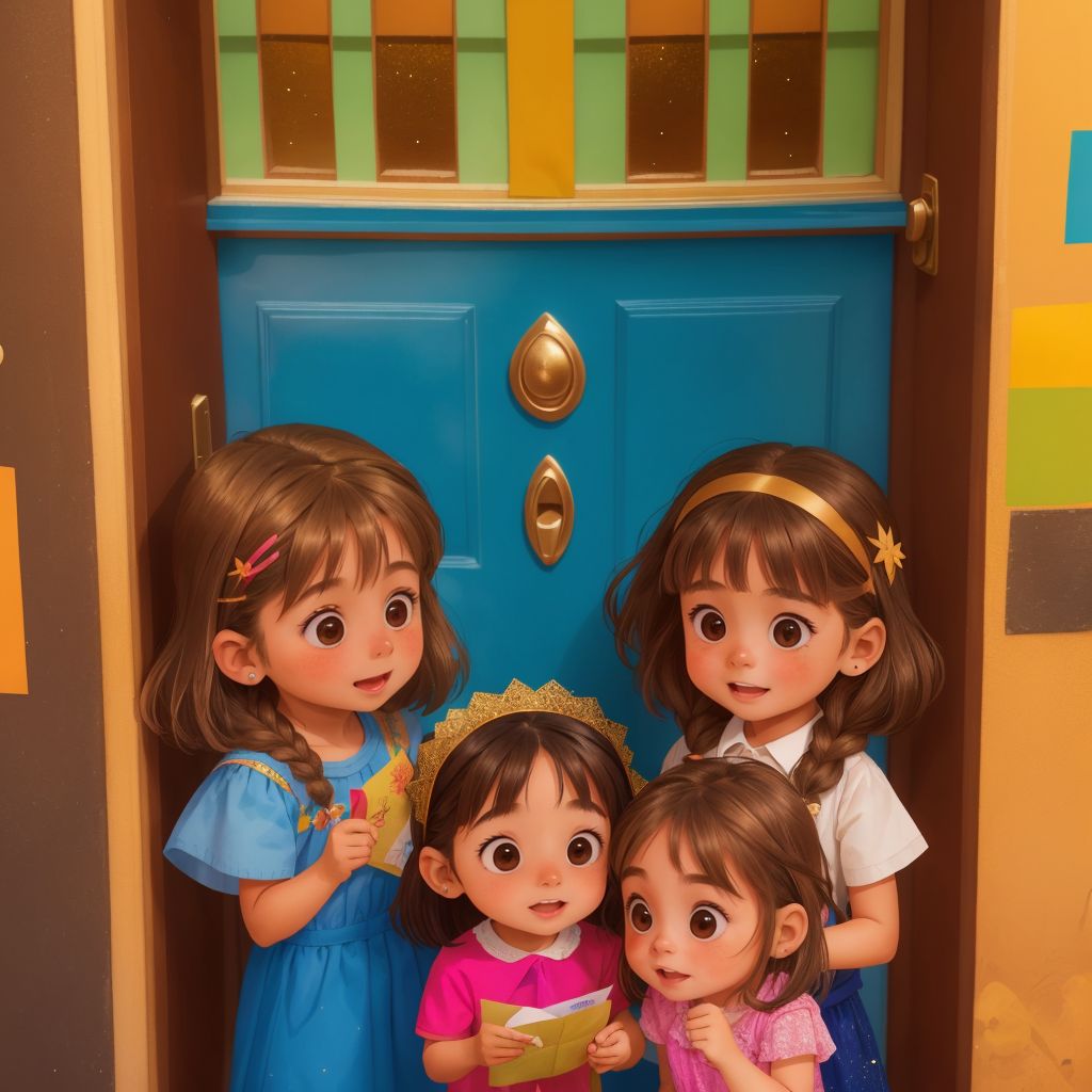 Sophia, Sarah, and Vera looking at a colorful, glittering envelope on their doorstep, with expressions of excitement and wonder.