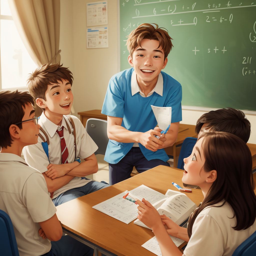 Benjamin sitting amongst a small group of students, explaining a math concept with a patient and encouraging smile.