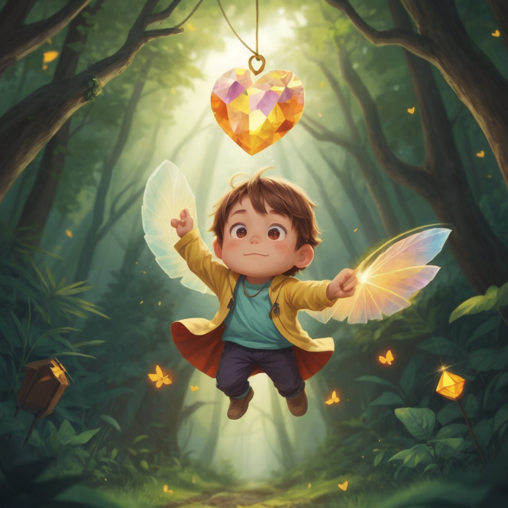 Sparky, with a soft smile, flying through the forest that is now filled with light and love, the crystal hanging close to his heart.