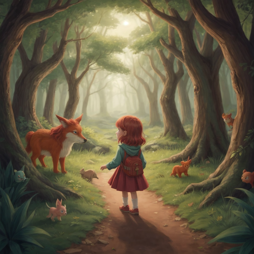 Arwyn walking through the Enchanted Forest, surrounded by whimsical creatures and woodland animals.