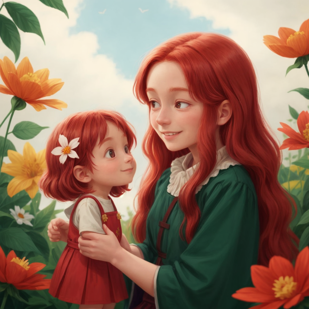 An older Audrie, with a gentle and wise smile, handing a small flower to a young child.