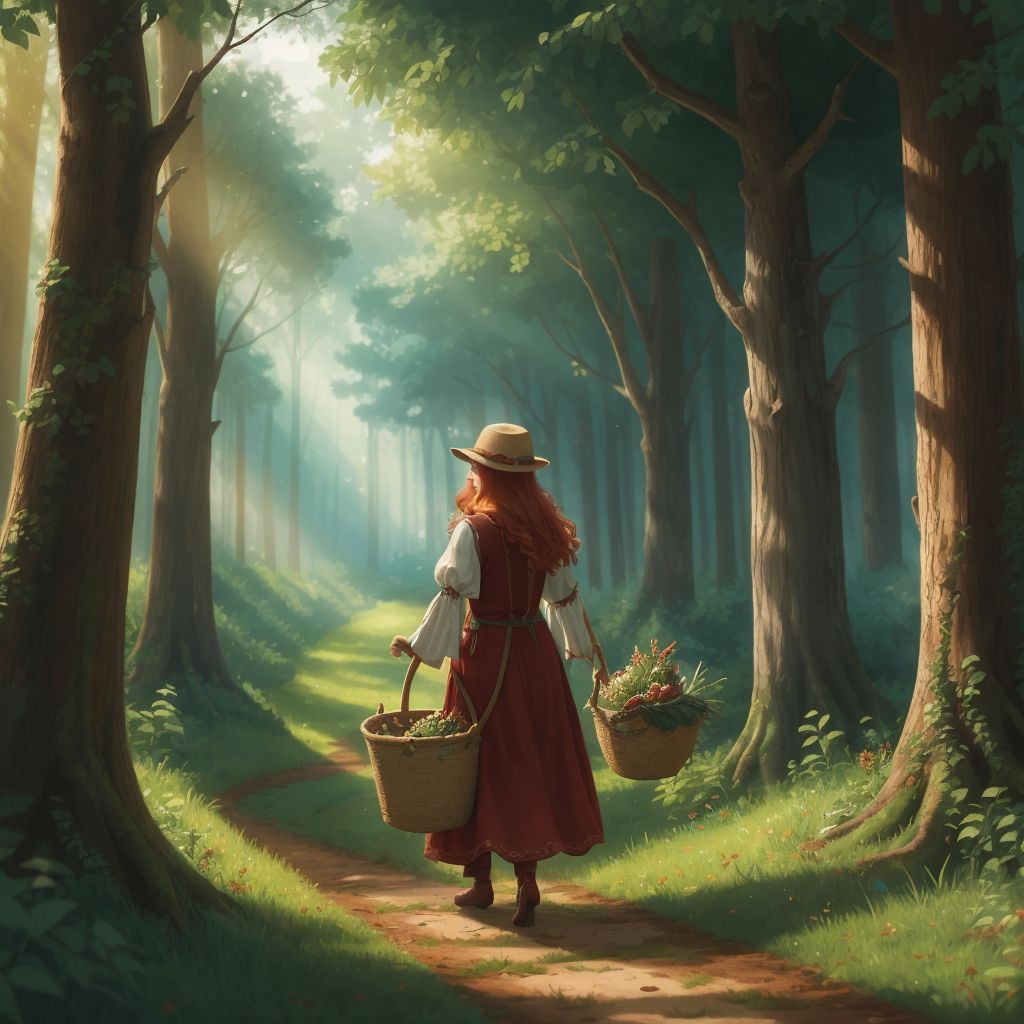 Esmerelda stepping into the whispering woods with a basket, surrounded by towering trees and a magical glow.