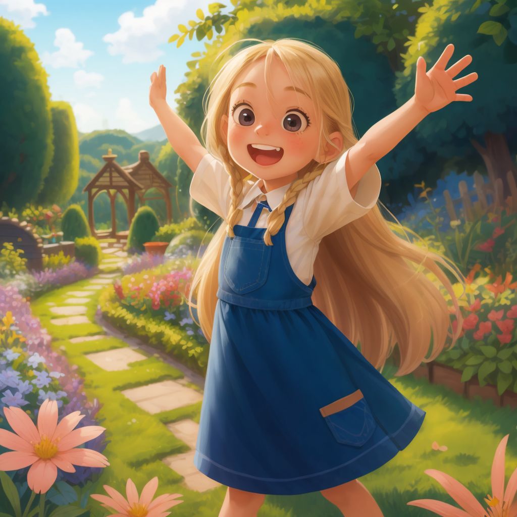 Sundy looking excitedly towards the horizon, with the magical garden stretching out behind her.