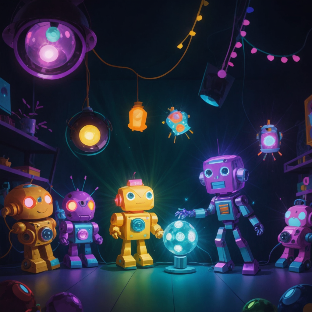 A disco ball illuminating Robbie's workshop-turned-disco, with colorful lights and dancing robot silhouettes.