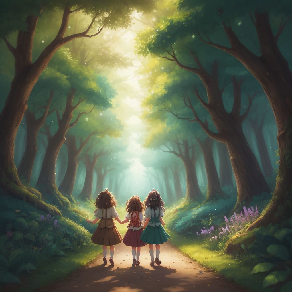 The girls walking back through the magical forest, their hearts full of joy and minds filled with memories, with the magical forest fading in the background.