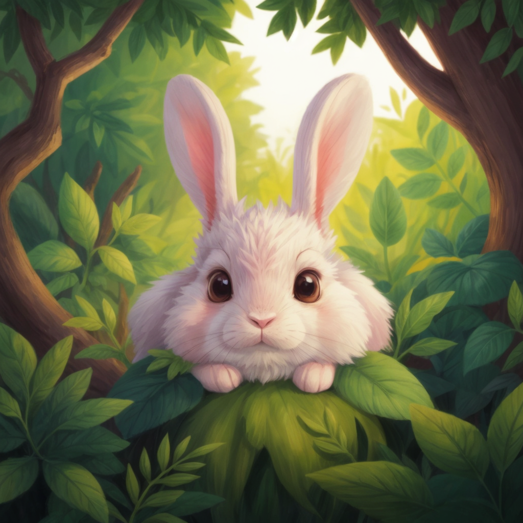 A curious rabbit with bright eyes and a twitching nose peeking out of the bushes.