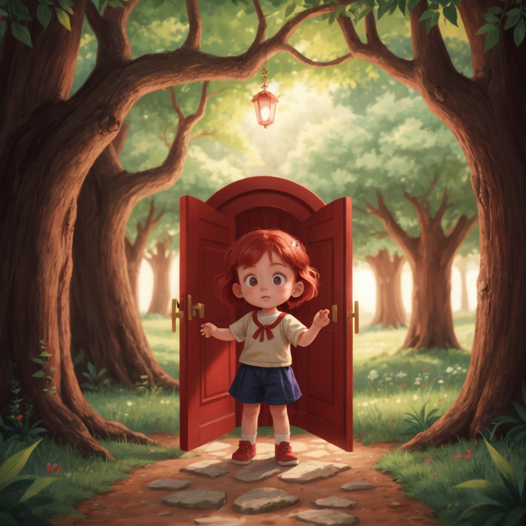 Arwyn with twinkling eyes, pushing open a magical door between oak trees.